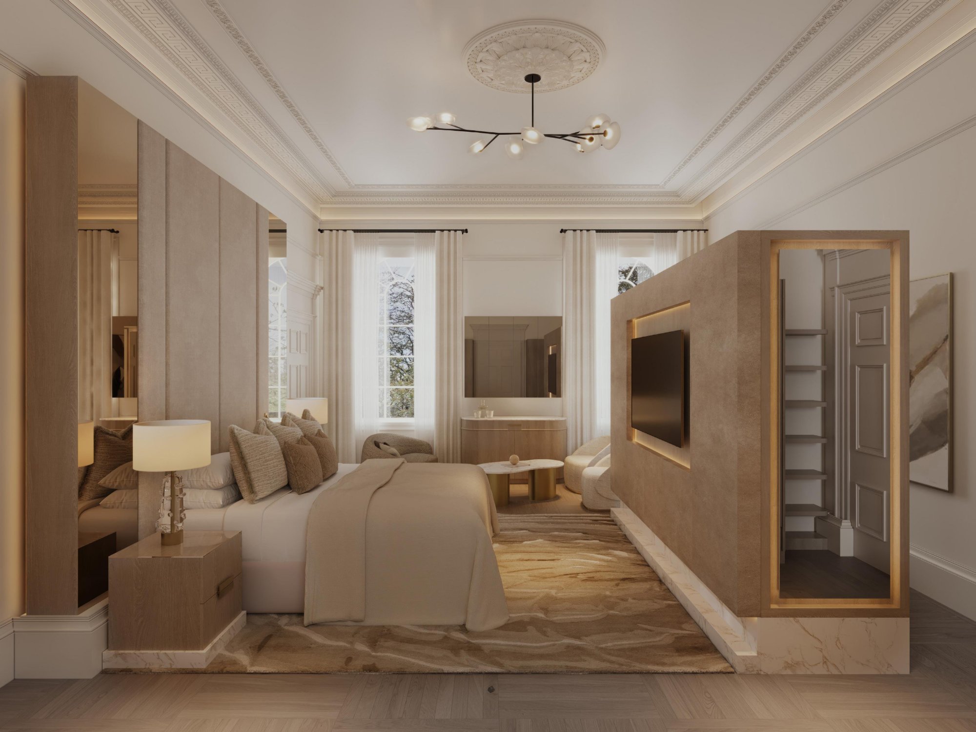 The Playfair Suite bedroom at Eleven Royal Terrace, with a brass chandelier beneath the original plaster rosette and a super king bed beneath the sash windows.